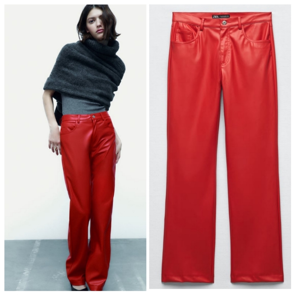 New ZARA FULL LENGTH FAUX LEATHER PANTS CHERRY RED Size XS